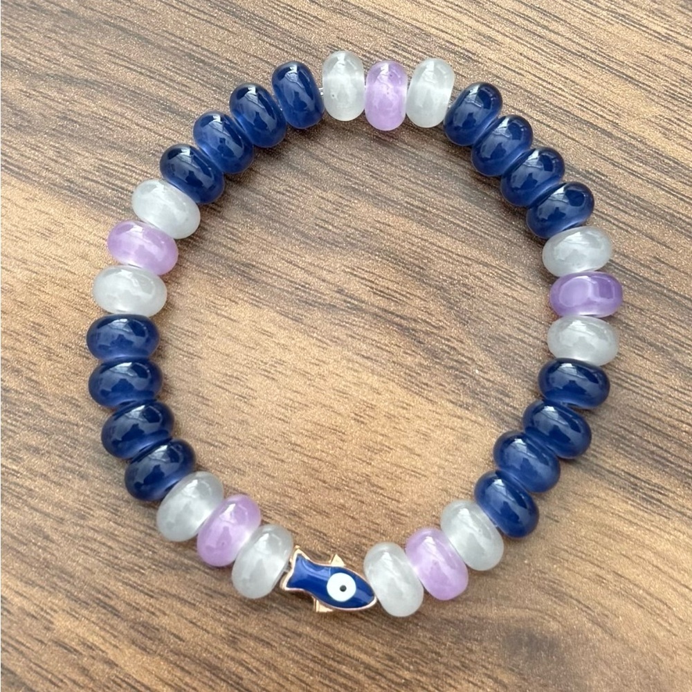 Blue and Purple Glass Beaded Bracelet | Fish Charm